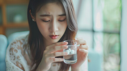 Sick, asian young woman, girl hand holding pill capsule, painkiller medicine from stomach pain, head ache, pain for treatment, take drug or vitamin and glass of water at home, pharmacy and health care - obrazy, fototapety, plakaty