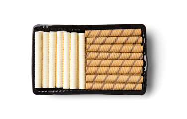 Wafer rolls in a package on a white background, top view.