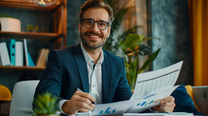 Smiling male businessman sits in the office at the table, works with documents and talks with conducts a business meeting online
