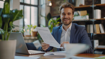 Smiling male businessman sits in the office at the table, works with documents and talks with conducts a business meeting online - obrazy, fototapety, plakaty