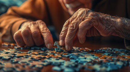 A concept image of a financial asset puzzle, with the last piece being placed by a retiree, completing the retirement security picture - obrazy, fototapety, plakaty