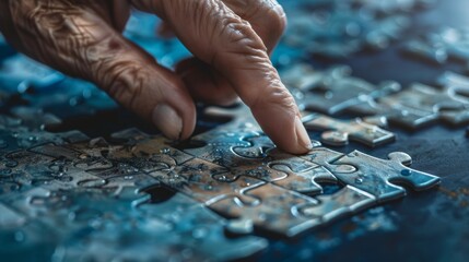 A concept image of a financial asset puzzle, with the last piece being placed by a retiree, completing the retirement security picture - obrazy, fototapety, plakaty