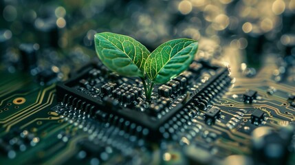 Techno Botanical Plant Growth Emerging from Electronic Components on Circuit Board