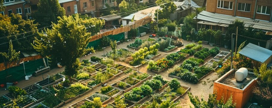 A company-sponsored community garden in an urban neighborhood, highlighting CSR initiatives in food security and community well-being