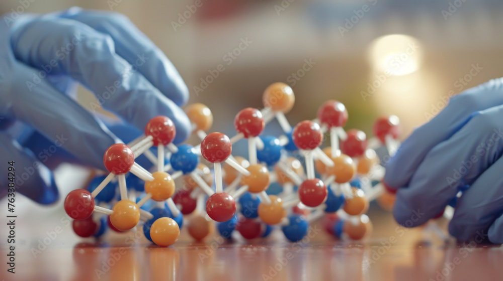 Poster hands in blue gloves holding molecular model with a bokeh background in a laboratory setting.