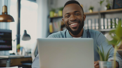 Successful and self-confident young businessman working concentratedly in the office behind a laptop. Sitting at the desk smiling, checking data and accounts, talking on a video call