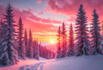 Foto op Canvas winter landscape wallpaper featuring a pine forest blanketed in pristine snow, © Zainab