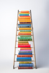 A stack of books with colorful ladders leaning against them, on a white background