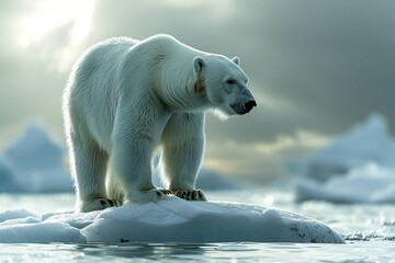Obraz na płótnie Canvas Polar bear on melting ice floe, stark contrast, Arctic setting, wide shot, cool-toned, dusk light