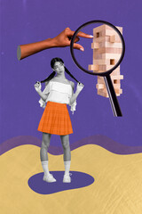Vertical image collage young pretty playful girl discover magnifying loop jenga tower puzzle game...