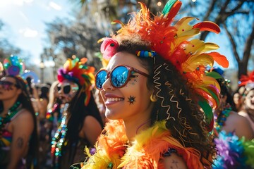 Vibrant Mardi Gras parade with masked revelers dancing and colorful floats. Concept Mardi Gras...