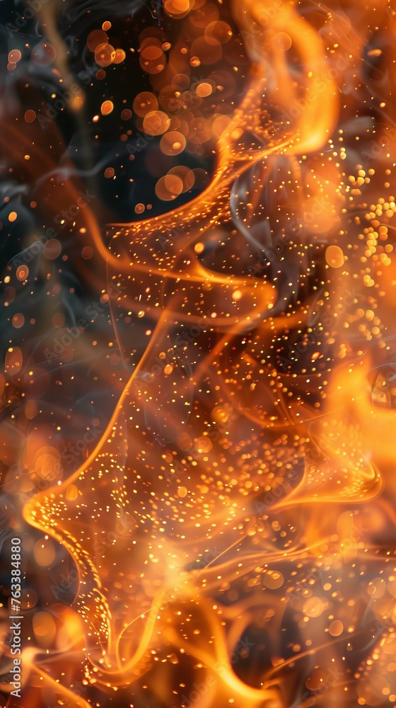 Poster a close up of fire flame and sparkles with realistic texture and shiny hot.