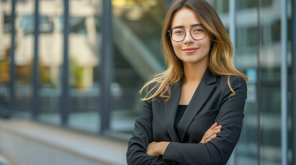 Perfect business lady. Young beautiful businesswoman in business suit smiling and looking at camera, portrait of successful woman outside office building, female worker in glasses with crossed arms.