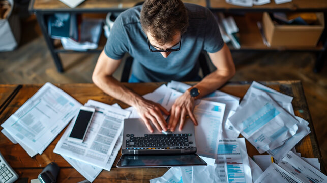 Young man working in the office on paper work, holding a calculator and processing data, bills and documents online via laptop