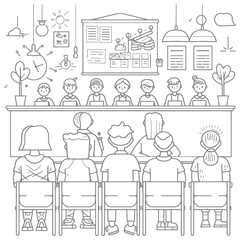 Outline illustration for positive learning situations in the classroom at school