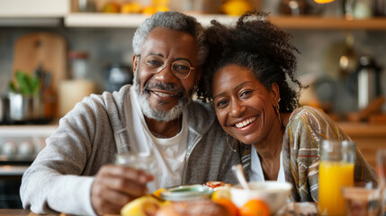 An affectionate senior couple sharing a joyful moment over a healthy breakfast in a cozy home setting.
