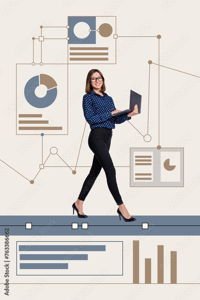 Sticker Sketch image composite trend artwork 3D photo collage of black white office manager hr lady hand in hand laptop walk at stats graphics