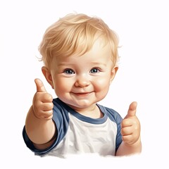 a baby with blue eyes and a blue shirt giving thumbs up