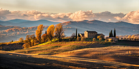 paysage de la campagne Toscane en Italie à l'automne, colline et ferme isolée à la lumière du soir - obrazy, fototapety, plakaty