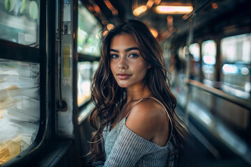 femme brune en caraco de laine gris dans un wagon de métro - obrazy, fototapety, plakaty