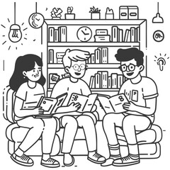Outline illustration for positive learning situations in the classroom at school