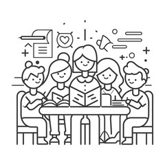 Outline illustration for positive learning situations in the classroom at school