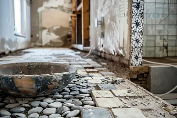 Fotobehang A tiler at work, renovating a bathroom, close look © Timur