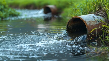 Environmental damage concept, Industrial and factory wastewater discharge pipe into the canal and sea.