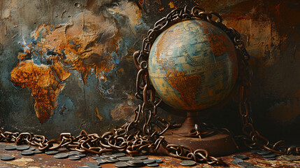 Economic crisis, globe weighed down by large chains and coin money, a concept of the Global recession economy and declining - obrazy, fototapety, plakaty