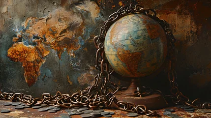 Foto op Plexiglas Economic crisis, globe weighed down by large chains and coin money, a concept of the Global recession economy and declining © Ms_Tali