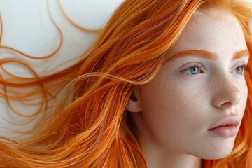 young woman with long silky straight orange brown hair isolated on white background Hair color for the beauty salon industry, color styles,close-up portrait of Hair orange color woman. - obrazy, fototapety, plakaty