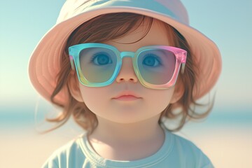 Fototapeta na wymiar a little girl with colorful sunglasses in summer fashion design on beach