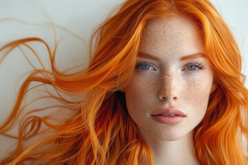 young woman with long silky straight orange brown hair isolated on white background Hair color for the beauty salon industry, color styles,close-up portrait of Hair orange color woman. - obrazy, fototapety, plakaty