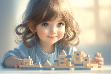 cute child playing with construction blocks