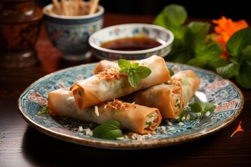 Juicy spring rolls on a rustic plate against a floral wallpaper background