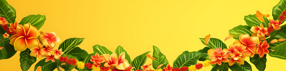 Floral Indian garland toran of marigold flowers and mango leaves on yellow background. Decoration for hindu holidays. Banner for Ugadi, Gudi Padva, Hindu New Year, Diwali, Onam, Pongal with copy space