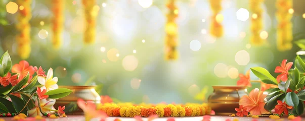 Foto op Aluminium Composition with copper Kalash with floral garland toran of marigold flowers and mango leaves. Decoration for hindu holidays. Banner for Ugadi, Gudi Padva, Hindu New Year, Diwali, Onam, Pongal © Irina