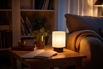 Cozy evening with an e-book reader on a wooden table