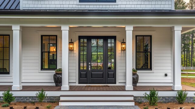 Exterior architecture image of modern farmhouse front door porch