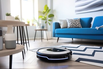 Robotic vacuum cleaner operating in a stylish modern living room