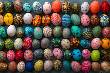 Colorful Nowruz eggs background representing the vibrant and joyous celebration of the Persian New Year, perfect for holiday and cultural themed designs. - obrazy, fototapety, plakaty
