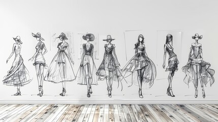 Fashion sketches adorning a pristine white studio wall, embodying creative inspiration