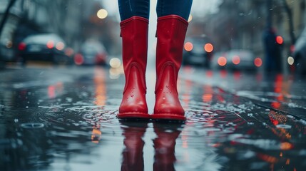Feet in rubber boots rain puddle on city street background - obrazy, fototapety, plakaty