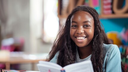 Happy African American girl enjoying reading. Student smiling with book. Joyful learning in a colorful classroom. - obrazy, fototapety, plakaty