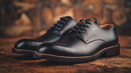 Black leather shoes impeccably aligned alongside - obrazy, fototapety, plakaty