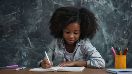 African American girl studying at school. Young student learning mathematics. Girl concentrating on schoolwork with chalkboard. - obrazy, fototapety, plakaty