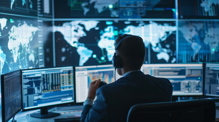 Focused professional working late in a cityscape home office. Concept of dedication and entrepreneurship with a modern urban backdrop