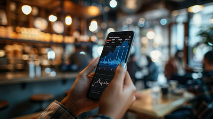 Hands holding a smartphone with stock market charts at a cafe. Active trading through a mobile device in a comfortable setting. Analyzing financial trends on a phone amidst a cafй's ambiance.