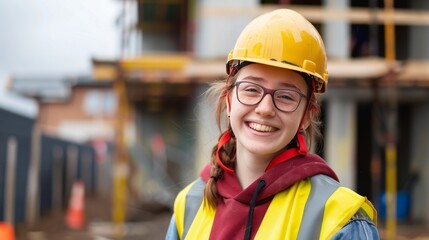 Smiling young worker in safety helmet and glasses on a building site. Happy female engineer with a colorful vest at a construction area.
