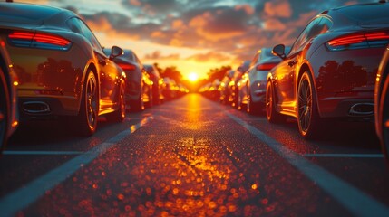 Luxury cars lined up on a wet road at sunset. Shiny sports cars reflecting the evening glow on a...